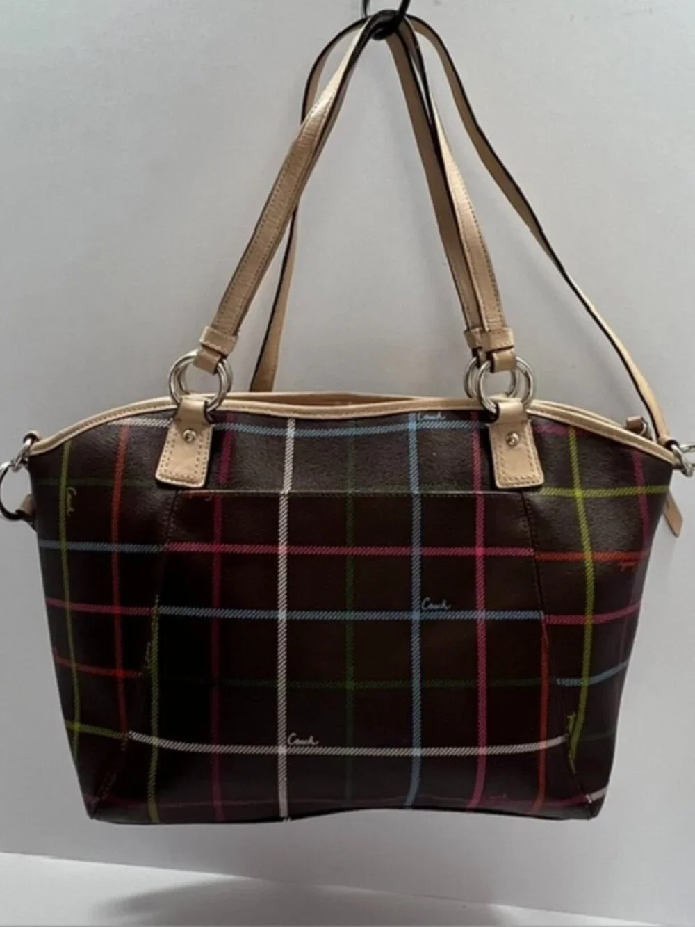 Coach Peyton Tattersall Leather Tote F24390 Shoulder Tote Bag (2013) Brown